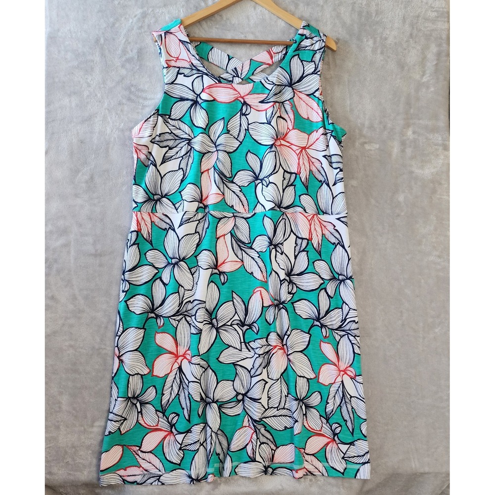 T by Talbots Dress Womens Size 2X Tropical Floral Teal Stretch Knit Pockets Tank